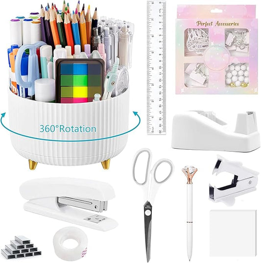 Office Supplies,Desk Accessories,with Stapler,Tape Dispenser,Staple Remover,Scissor,Ballpoint Pen,Sticky Notes,Clear Tape,Staples,Desk Organizer,Ruler,Binder,Best Gift Set(White)
