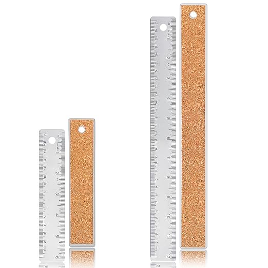 Metal Ruler 6 Inch 12 Inch Stainless Steel Metal Ruler with Cork Backing, Non-Slip Rulers with Inch and Centimeters, Straight Edge Cork Base Rulers for Student School Office Drafting Tools
