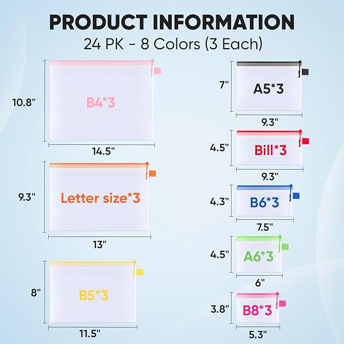 BALEINE 24PK Mesh Zipper Pouch Bags, Waterproof Clear Zipper Bags, Multiple Colors Plastic Mesh Bag File Bag for Organization, Suitable for Office Supplies, Home, Travel (24 PK, Multi 8 Sizes)