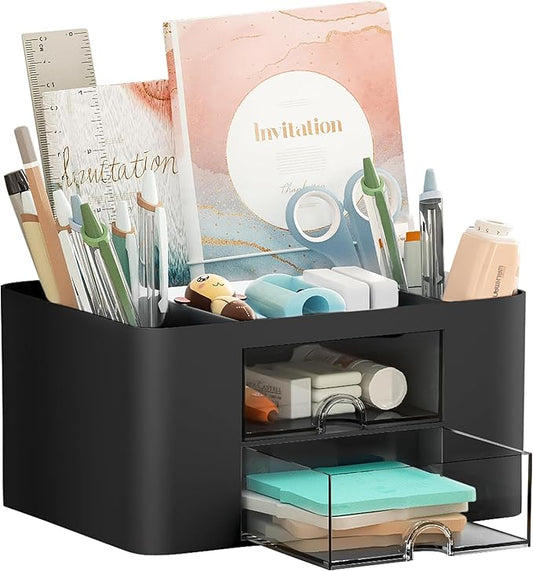 Marbrasse Pen Organizer with 2 Drawer, Multi-Functional Pencil Holder for Desk, Desk Organizers and Accessories with 5 Compartments + Drawer for Office Art Supplies (Black)