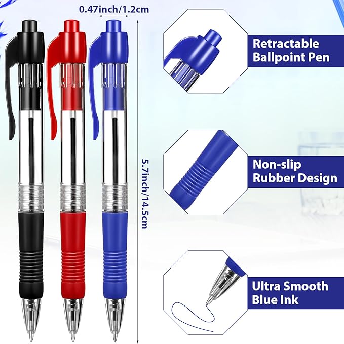 Fainne 200 Pack Retractable Ballpoint Pen 1.0 mm Medium Point Refillable Smooth Click Writing Pens With Grip for Work Journal Writing Office School Supplies(Black, Blue, Red Ink)