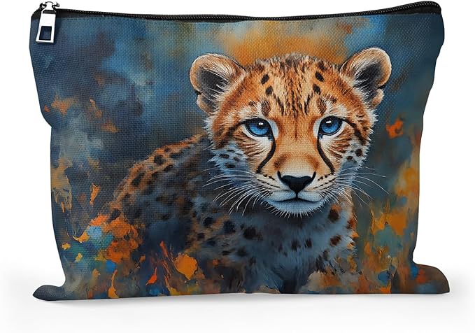 Cafl Cheetah Cub Blue Eyes Makeup Bag for Women Large Capacity Make Up Bag Portable Travel Cosmetic Bag Toiletry Pouch Organizer 10 * 8inch