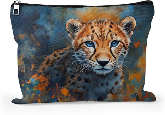 Cafl Cheetah Cub Blue Eyes Makeup Bag for Women Large Capacity Make Up Bag Portable Travel Cosmetic Bag Toiletry Pouch Organizer 10 * 8inch