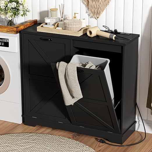 Double 13 Gallon Tilt Out Trash Can Cabinet, Farmhouse Wooden Hidden Trash Can Cabinet with Deodorizing Function for Kitchen Living Room, Black