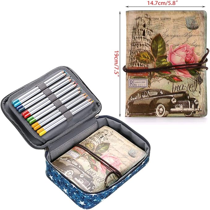 BTSKY Zipper Pens Pencil Case with Pattern-Multi-functional Stationery Pencil Pouch 36 Large Stretchy Slots for 72 Colored Pencils(Star Blue)