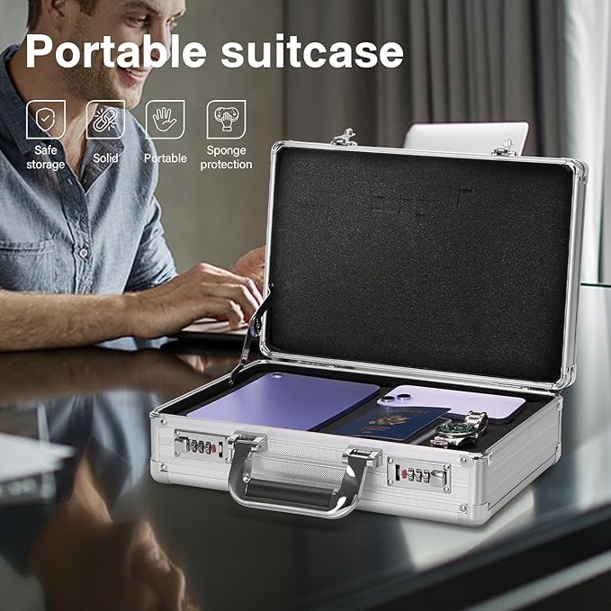 Security Lock Boxes - 14.2 x 9.4 x 4.5 Inch Medium, Portable Locking Storage Totes with Dual Combination Locks, Medicine Lock Box, Lock Boxes for Personal Items, Cash & Briefcase - Silver