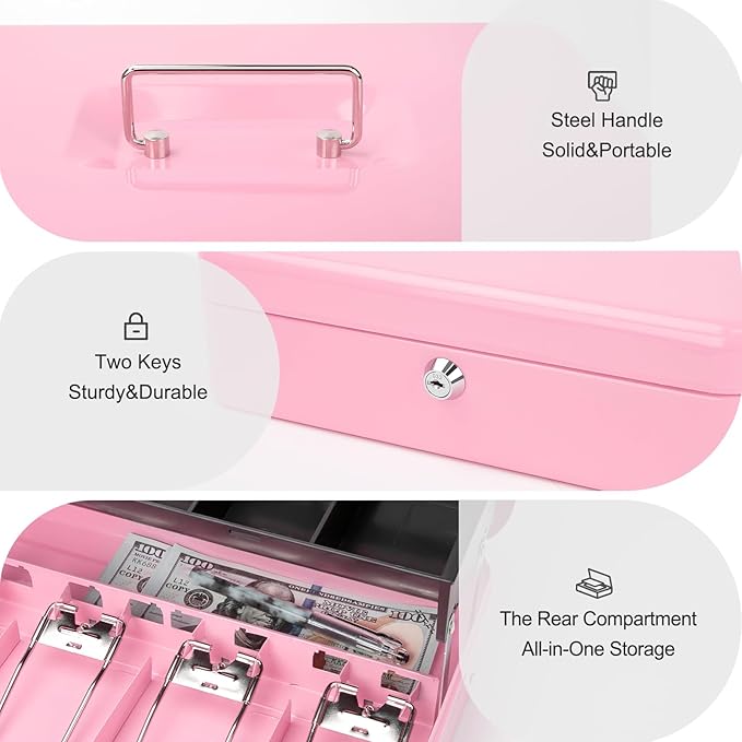 Jssmst Locking Cash Box with Money Tray and Lock, Metal Money Box with Change Lid, 11.8L x 9.5W x 3.5H Inches, Safe Box for Money with Key Lock Pink, SM-CB0515P