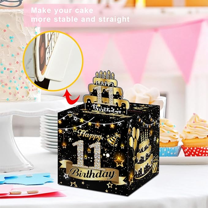 Toerifer 11th Birthday Money Box for Cash, Black/Gold, Unisex, One Size, 5x5x0.1 inches, Pull, Explosion Gift, Party Decor, Includes 35 Bags, Card, Tape, Glue Dots