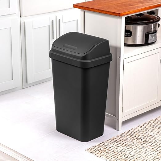 Sterilite 4-Pack Swing Top Wastebasket, Sleek Square Profile Trash Can, 13 Gallon, Black - Modern Garbage Bin for Kitchen, Bathroom, Garage and Workspace, Fits 13 Gal Liners