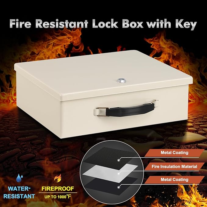 KYODOLED Fireproof Document Box with Key Lock, Safe Storage Box for Valuables, Fire Resistance Security, Fireproof Lock Box for Passport, Cash, Tablet 13.2'' x 11'' x 4.13'' Beige