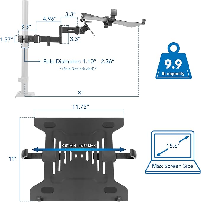 Mount-It! Laptop Pole Mount Tray | Full Motion Laptop Mount Fits Up to 15.6 Laptops | Universal Adjustable Steel Notebook Stand for Add On to Monitor Mounts