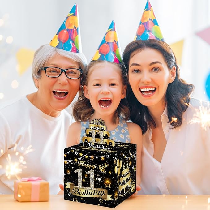 Toerifer 11th Birthday Money Box for Cash, Black/Gold, Unisex, One Size, 5x5x0.1 inches, Pull, Explosion Gift, Party Decor, Includes 35 Bags, Card, Tape, Glue Dots