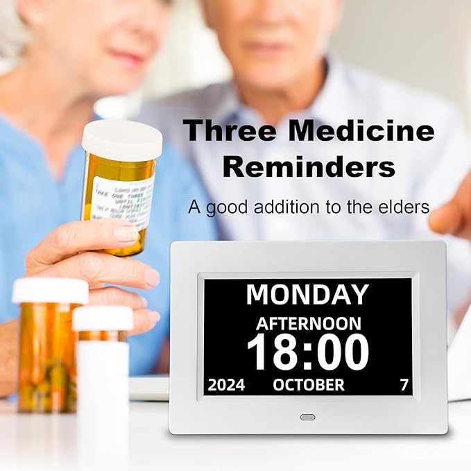 7 Inch LCD Digital Calendar Alarm Clock,Large Display with Day/Date,12 Custom Alarms & Auto-Dimming | Medication Reminder, Dementia-Friendly Design,Easy Read for Seniors