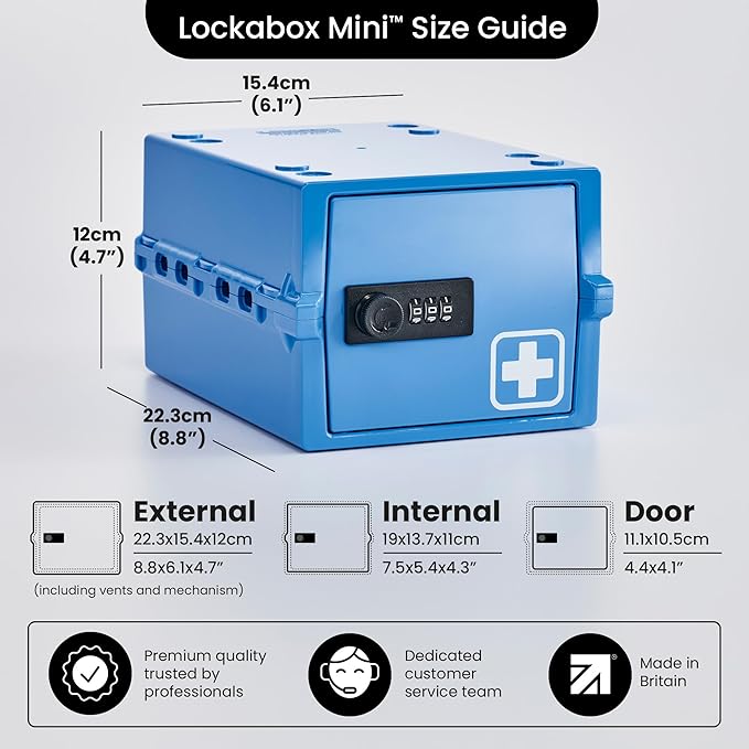 Lockabox Mini™ | Small Medicine Lock Box with Combination Lock (Half Letter Sized) | Mini Medical Lockable Box For Tablets, Creams & Medical Pens | External Size 8.8 x 6.1 x 4.7 Inches (Medi Blue)