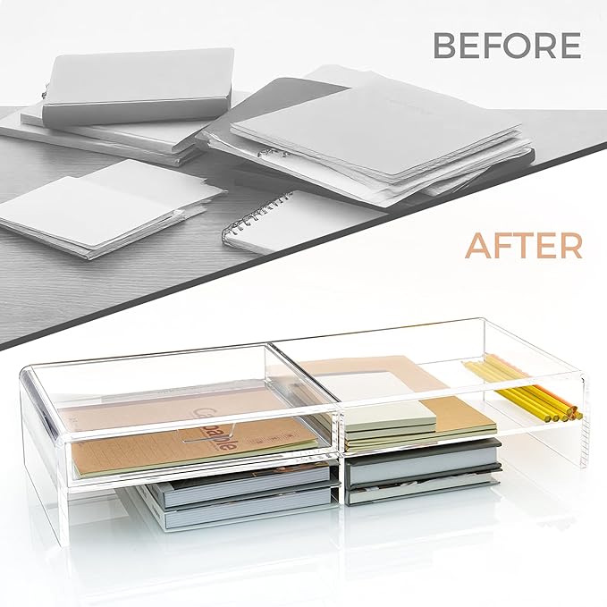 20" Crystal Clear Acrylic Monitor Stand Riser - Fits iMac/Printer/TV, Ergonomic 3" Elevation w/Sliding Drawer Storage, Sleek Desk Organizer for Home Office