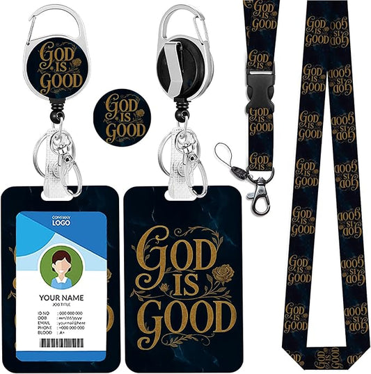Christian Lanyard with ID Holder for Women, Jesus Bible Verse Badge Holder with Breawaway Adjustable Lanyard Retractable Reel Clip,for Pastors Teachers Students Men（Blue Marble God is Good）