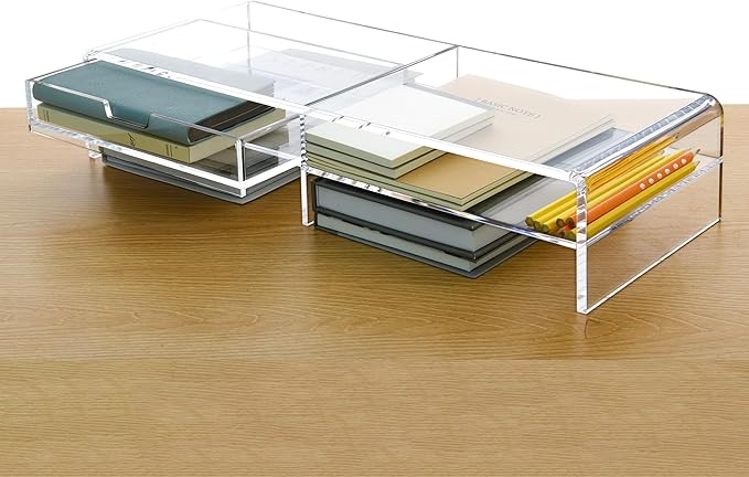 20" Crystal Clear Acrylic Monitor Stand Riser - Fits iMac/Printer/TV, Ergonomic 3" Elevation w/Sliding Drawer Storage, Sleek Desk Organizer for Home Office