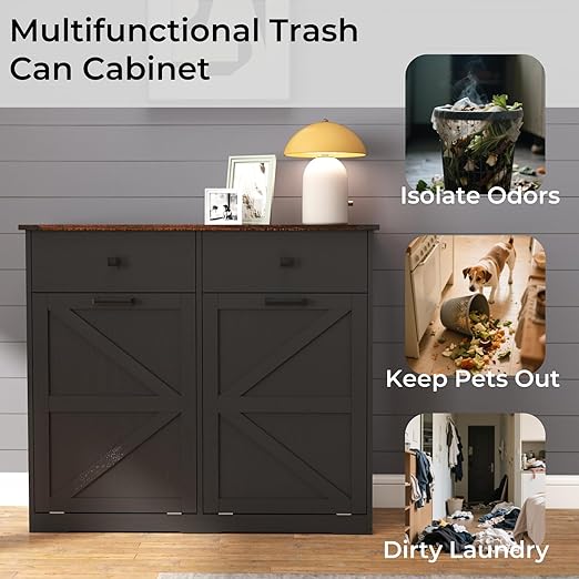 Double Tilt Out Trash Cabinet 20 Gallon Wooden Free Standing - Pet Proof Recycling Bin with Hideaway Drawer for Kitchen, Bathroom, Living Room (Black, Large)