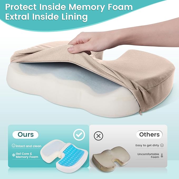 Office Chair Seat Cushion, Cooling Gel Enhanced Memory Foam Cushion for Long Sitting - Back, Sciatica, Coccyx, Tailbone Pain Relief Pillow - for Office, Gaming, Car, Wheelchair - Khaki, Large