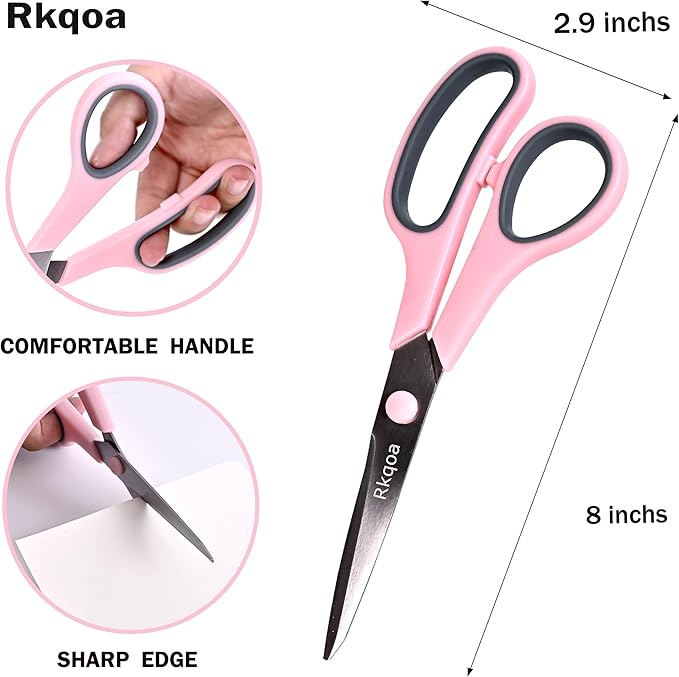 Scissors, Rkqoa 8" All Purpose Office Scissor 6 Pack - Comfort-Grip Sharp Shears for Office School House Sewing Fabric Crafts Arts Desk Classroom Supplies, Teacher/Class Scissors