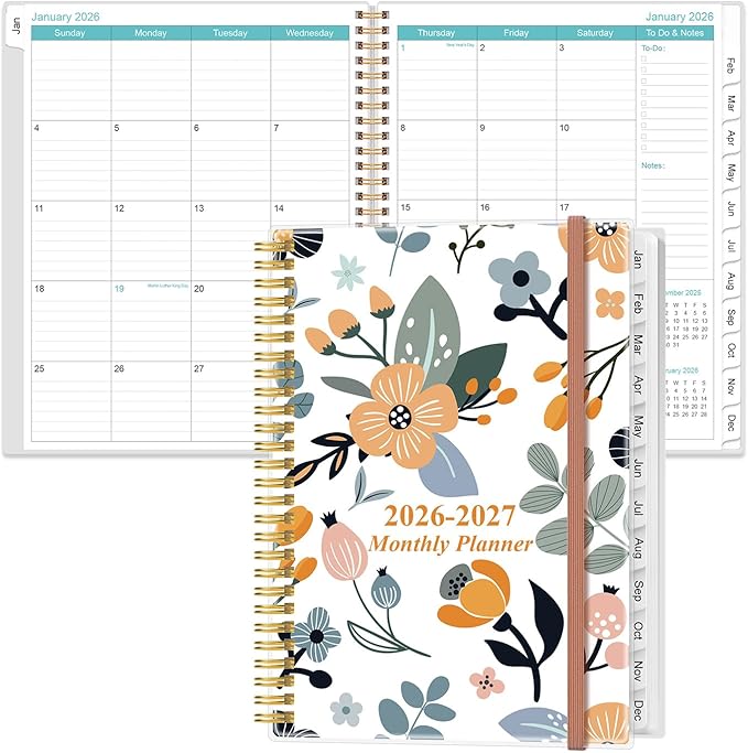 2026-2027 Monthly Planner - 18 Monthly Calendar, January 2026 - June 2027, Two Pages Per Month, 9" x11" Planner with Tabs, Strong Twin-Wire Binding, Inner Pocket, Rose Flowers