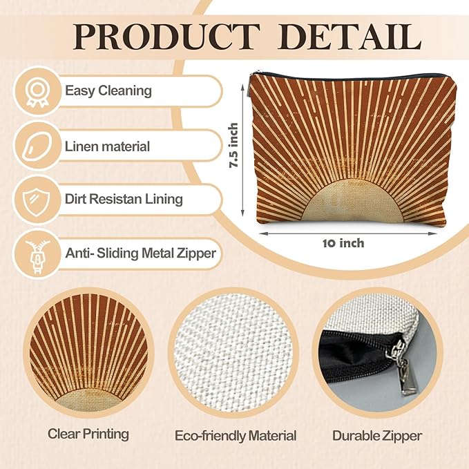 Sunshine Ray Boho Makeup Bag, Granola Girl Gifts, Vintage Orange Boho Neutral Sun boho Bags for Women, Retro Makeup Bag, Art or Journaling Pouch, Boho Gifts for Women