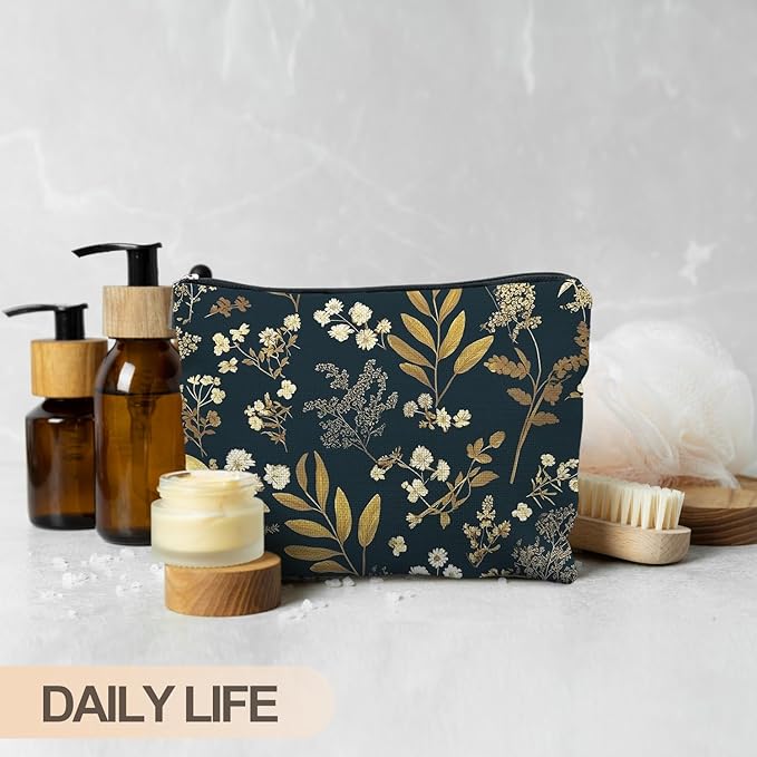Vintage Boho Floral Makeup Bag, Dark Moody Wildflowers Floral Cosmetic Bags for Women, Dark Cottagecore Botanical Plant Zipper Makeup Pouch