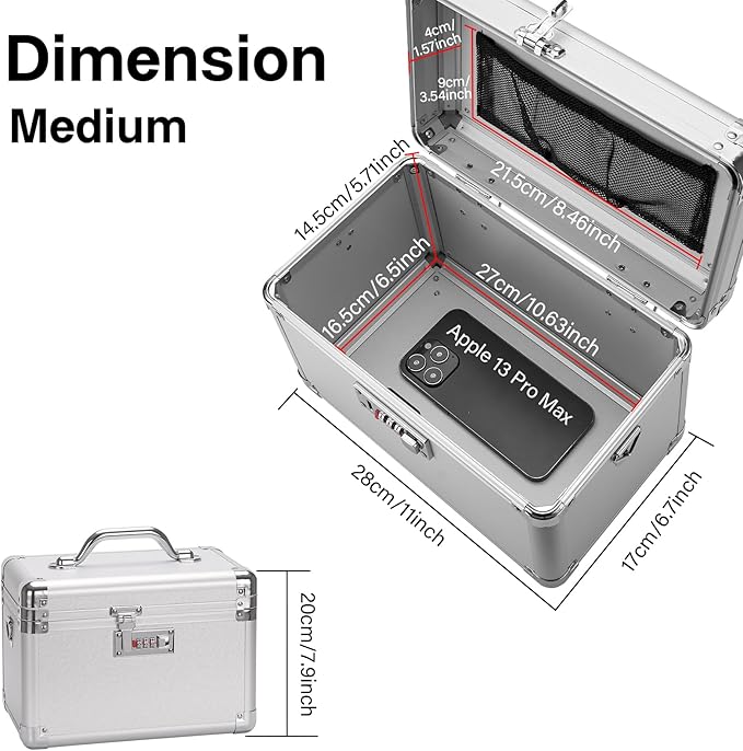 Large Lock Box - 11x6.7x7.9 Inch Lockable Security Storage Case with Combination Lock, Locking Medicine Box for Personal Items, Passports and Pills, Lockbox for Home Office, Silver