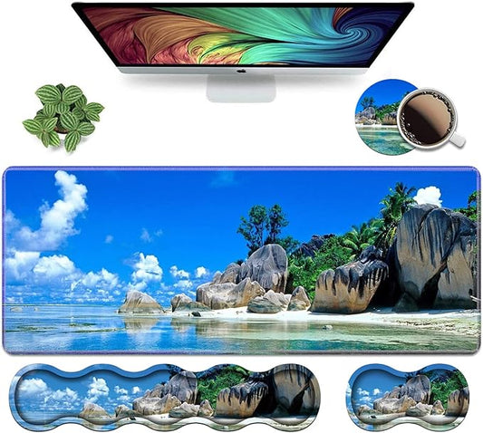 Ergonomic Keyboard Wrist Rest & Mouse Pad Wrist Rest Set, Large XXL Gaming Desk Mat 31.5"x 11.8",Non-Slip Base, Memory Foam,Easy Typing Pain Relief for Office & Home, Beaches Scene France Seychelles