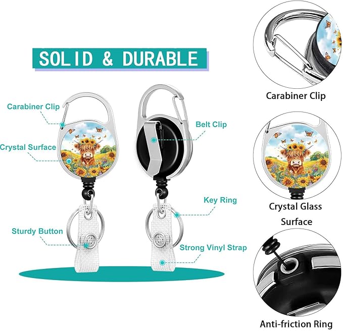 Highland Cows Lanyards with ID Holder Watercolor Butterfly Sunflower ID Badge Holder with Adjustable Breakaway Lanyard Cute Retractable Badge Reel for Teacher Student Kids Nurse Office