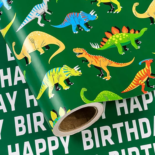 WRAPAHOLIC Reversible Dinosaur Wrapping Paper - Mini Roll - 17 Inch x 33 Feet - Green Dinosaur and Happy Birthday Wrapping Paper for Girl Kids Boy Birthday, Baby Shower