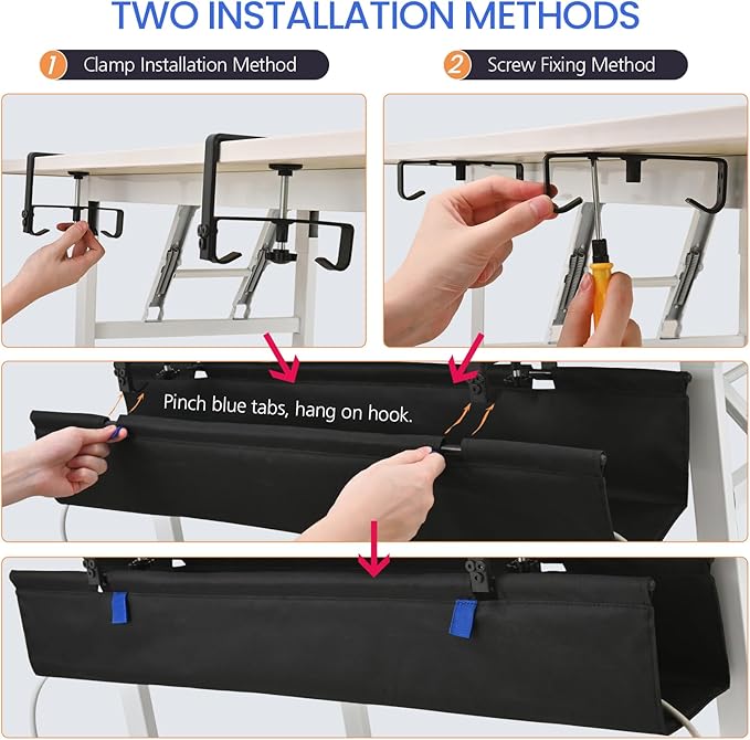 28" Under Desk Cable Management Tray- Clamp/Screw Mount Desk Cable Organizer Cable Tray Hiders for Office&Home