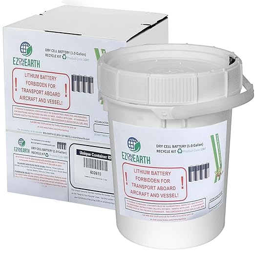 Dry Cell Battery Recycling Container Kit - 1 Gallon Battery Recycling Pail - Pre-Paid/Mail-Back Recycle kit That Holds up to 13.2 lbs Batteries - Recycling Pail with Cardboard Box