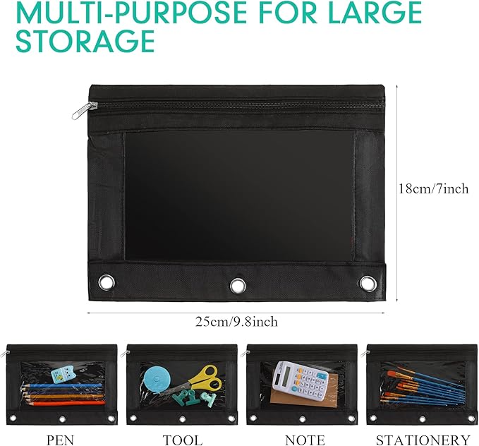 Marspark 30 Packs Pencil Pouch 3 Ring Binder Pen Pouch Cloth Pencil Pouches Zipper Pen Case Bag with Clear Window for School Office Writing Supplies Gifts(Black)