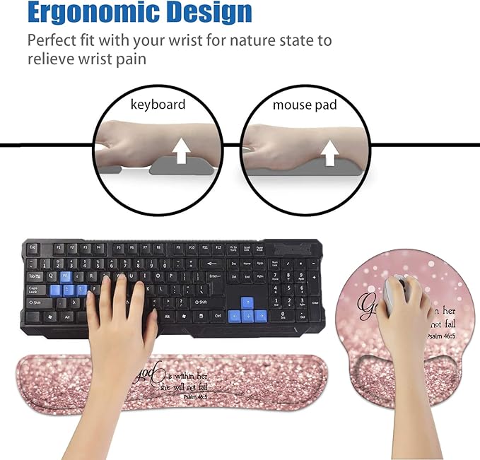 Keyboard Wrist Rest and Mouse Pad Wrist Support Set with Coasters, Quote Bible Verse Psalm 46:5 Wrist Mouse Pad with Non-Slip PU Base for Home Office Working Studying Easy Typing & Pain Relief