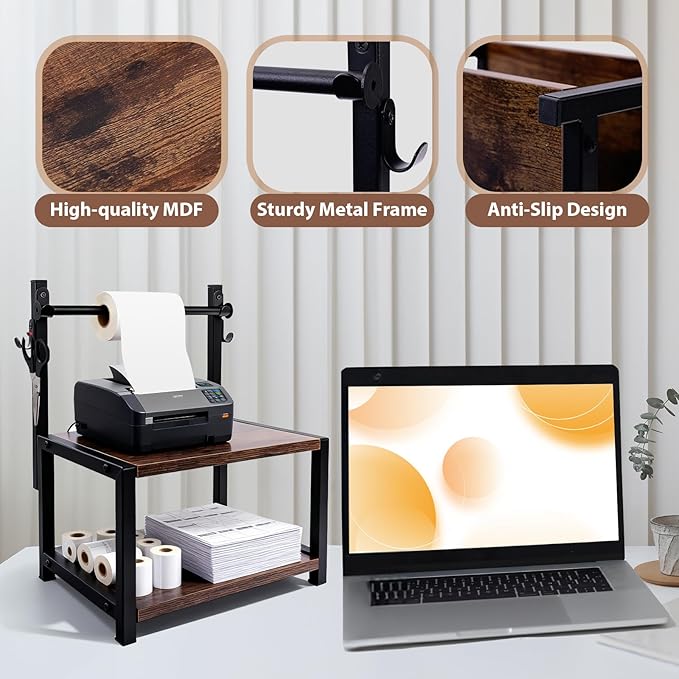 Label Holder for Rolls and Fan-Fold Labels - Wood Thermal Sticker Holder for Desktop with Hook,Shipping Label Dispenser Stand for Home Office and Small Businesses