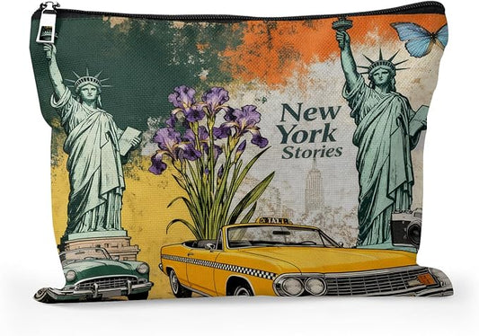 Cafl New York Landmark Makeup Bag Vintage Cosmetic Bag for Women Large Capacity Make Up Bag Portable Travel Toiletry Pouch Organizer 10 * 8inch