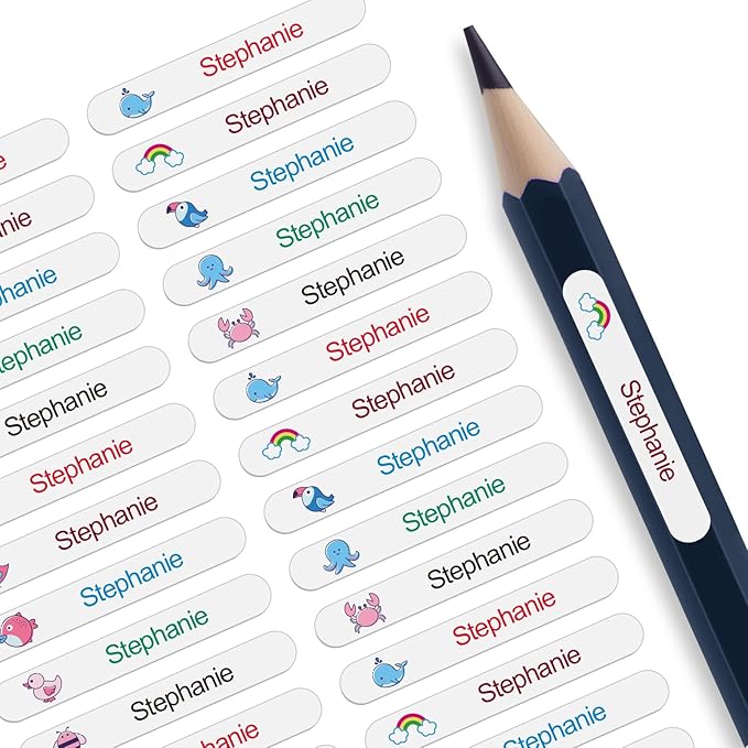 Personalized Name Labels for Kids - Custom Waterproof Stickers for School, Pencils, Baby Bottles & Daycare - Mom-Approved & Made in USA, BPA-Free, Easy-Peel Stick On Labels (White, 240 Stickers)