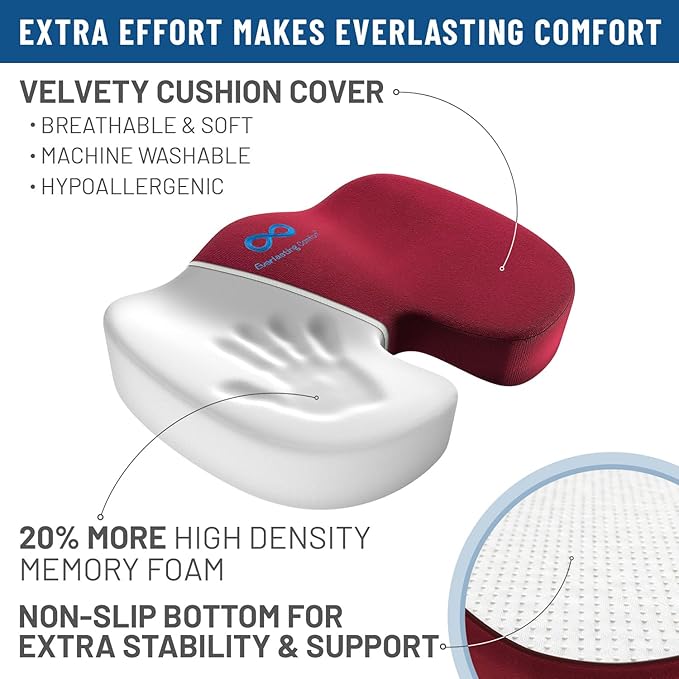 Everlasting Comfort Doctor Recommended Memory Foam Seat Cushion for Office Chairs & Car - Ergonomic Office Desk Accessories - Cushions for Tailbone Pain Relief, Sciatica (Red, Large)