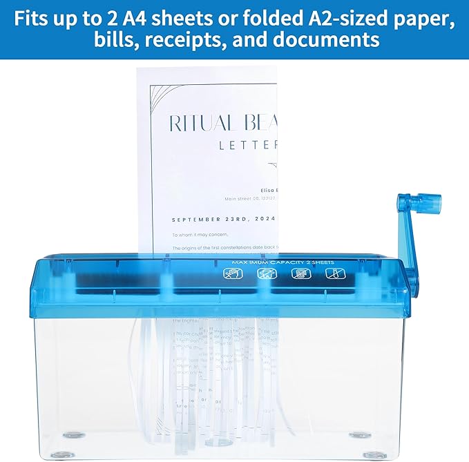 A4 Paper Manual Shredder - Blue Portable Mini Paper Grinder Capacity 3L for A4 Files Documents Straight Cutting Tool Home Office Desktop Supplies WD23BL