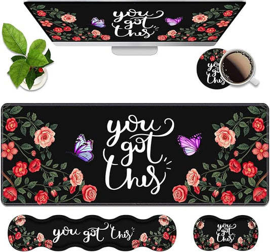 4 in 1 Ergonomic Memory Foam Mouse Pad Wrist Rest Set, Large XXL Gaming Desk Pad + Keyboard Wrist Rest + Mouse Wrist Cushion + Coaster for Home Office Study Gaming, You Got This Inspirational Quote