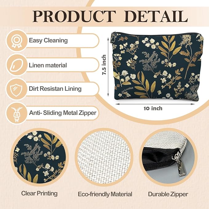 Vintage Boho Floral Makeup Bag, Dark Moody Wildflowers Floral Cosmetic Bags for Women, Dark Cottagecore Botanical Plant Zipper Makeup Pouch