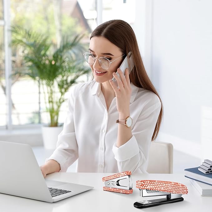 Demissle 6 Pcs Bling Office Desk Accessories Set Crystal School Stationery Kit Scissor Stapler with Staple, Tape Dispenser, Diamond Pen, Staple Remover, Binder Clip, Paper Clip, Push Pins(Rose Gold)