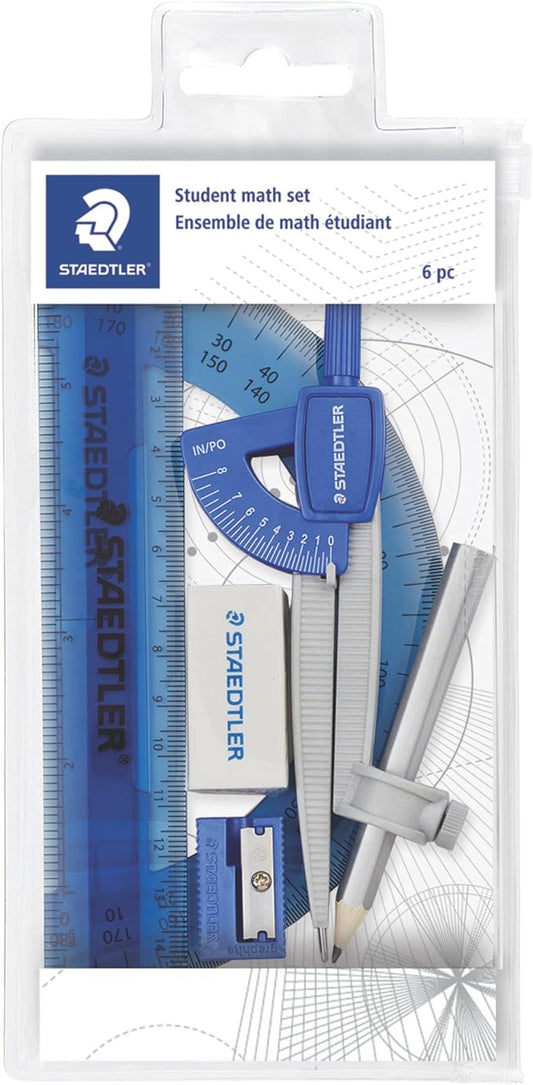 STAEDTLER Student Math Set - Essential School Supplies with 6-Piece - Compass, 6in Ruler, 180° Protractor, Pencil, Eraser & Sharpener in Zippered Storage Pouch