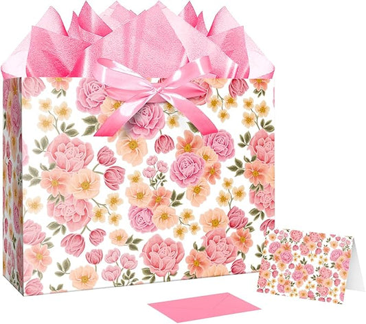 JWSCYSY 15.7" Extra Large Pink Floral Gift Bag with Tissue Papers，Ribbons and Greeting Card for Women Birthday Wedding Bridal Shower Mother's Day Gifts Wrapping.