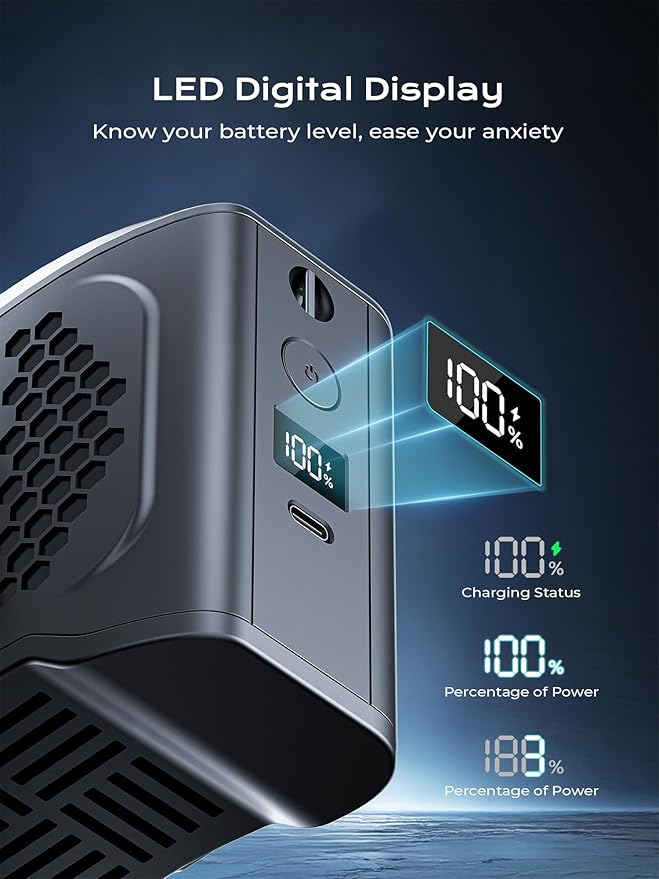 Portable Waist Fan Clip On, 4 Speeds 13000RPM Strong Airflow with 10000mAh Battery & Mobile Charging, Wearable Shirt Fan for Neck with SOS Light, LCD Display, Type-C Fast Charge, Outdoor Trave-Black