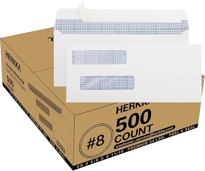 #8 Double Window Security Check Envelopes, No.8 Double Window Bussiness Envelopes Designed for QuickBooks Checks - Computer Printed Checks - 3 5/8 X 8 11/16 (NOT for INVOICES) - 24 LB - 500 PACK
