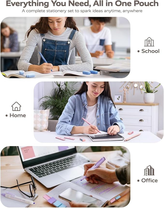 Four Candies Aesthetic School Supplies, Gel Pens with Black Ink, Correction Tapes, Pastel Highlighters,Mechanical Pencils, Sticky Notes, Index Post for Bible Study Supplies with Case Stationary Purple