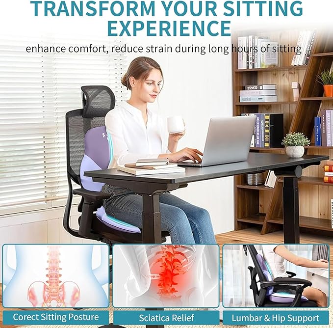 FLORICH Seat Cushion Lumbar Support Pillow for Office Chair, Car Lower Back Support, Ergonomic Desk Chair Pillow for Butt and Back Support of Memory Foam Seat Pad(Purple)