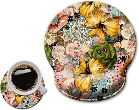 HOPONY Mouse Pad with Wrist Rest,Ergonomic Mouse Pads Wrist Support for Desk,Large Mousepad for Wireless Mouse Gaming Laptop Work Home Desk Accessories Office Supplies Decor,9 x 10 in,Boho Floral